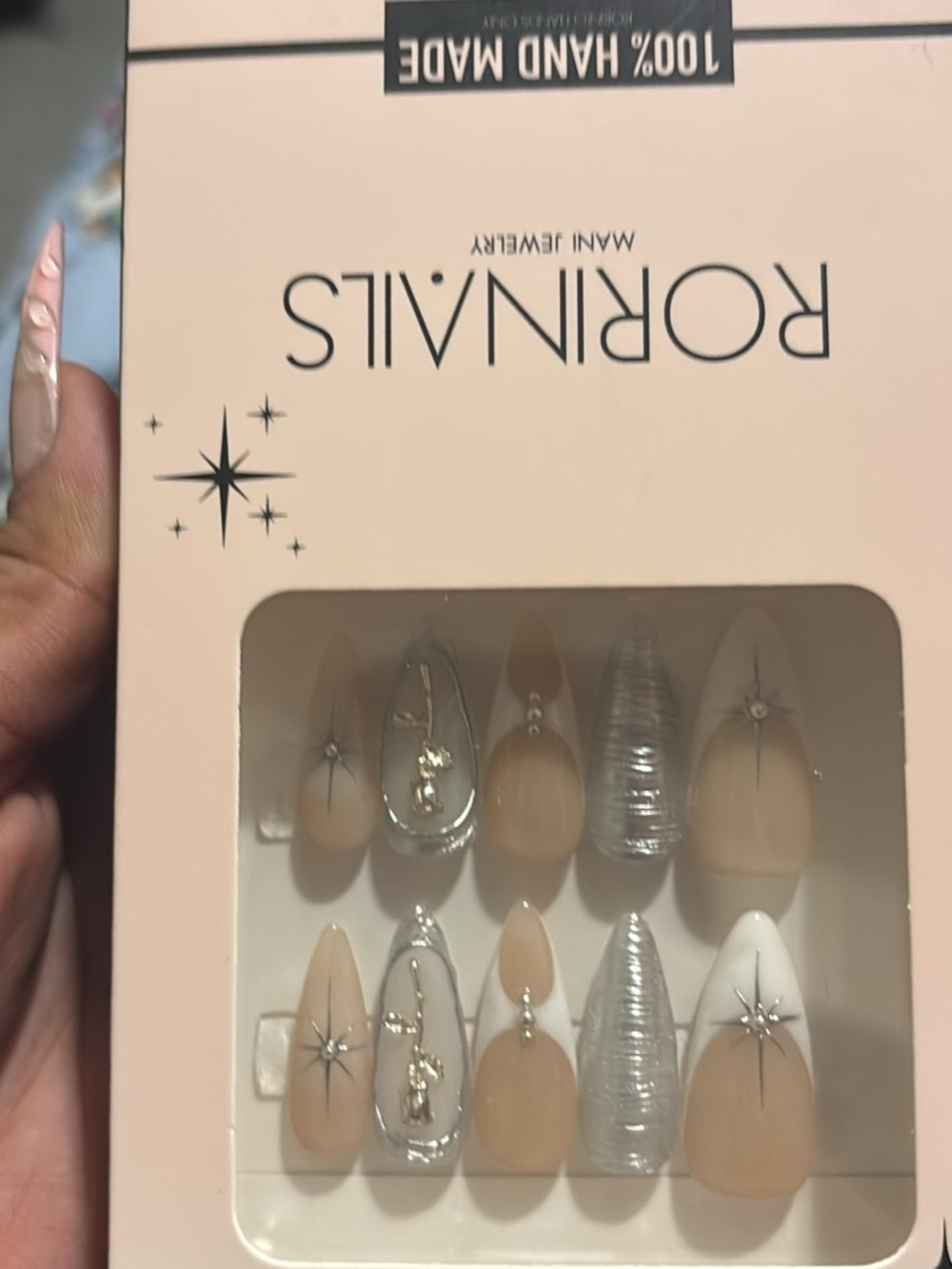 RoriNails Nude & White Press-On Nail Set with Silver Accents